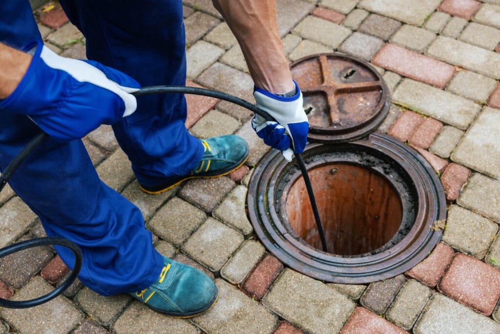 Plumber using a drain snake to clear a clogged sewer line, surrounded by brick pavers, highlighting drain cleaning services.