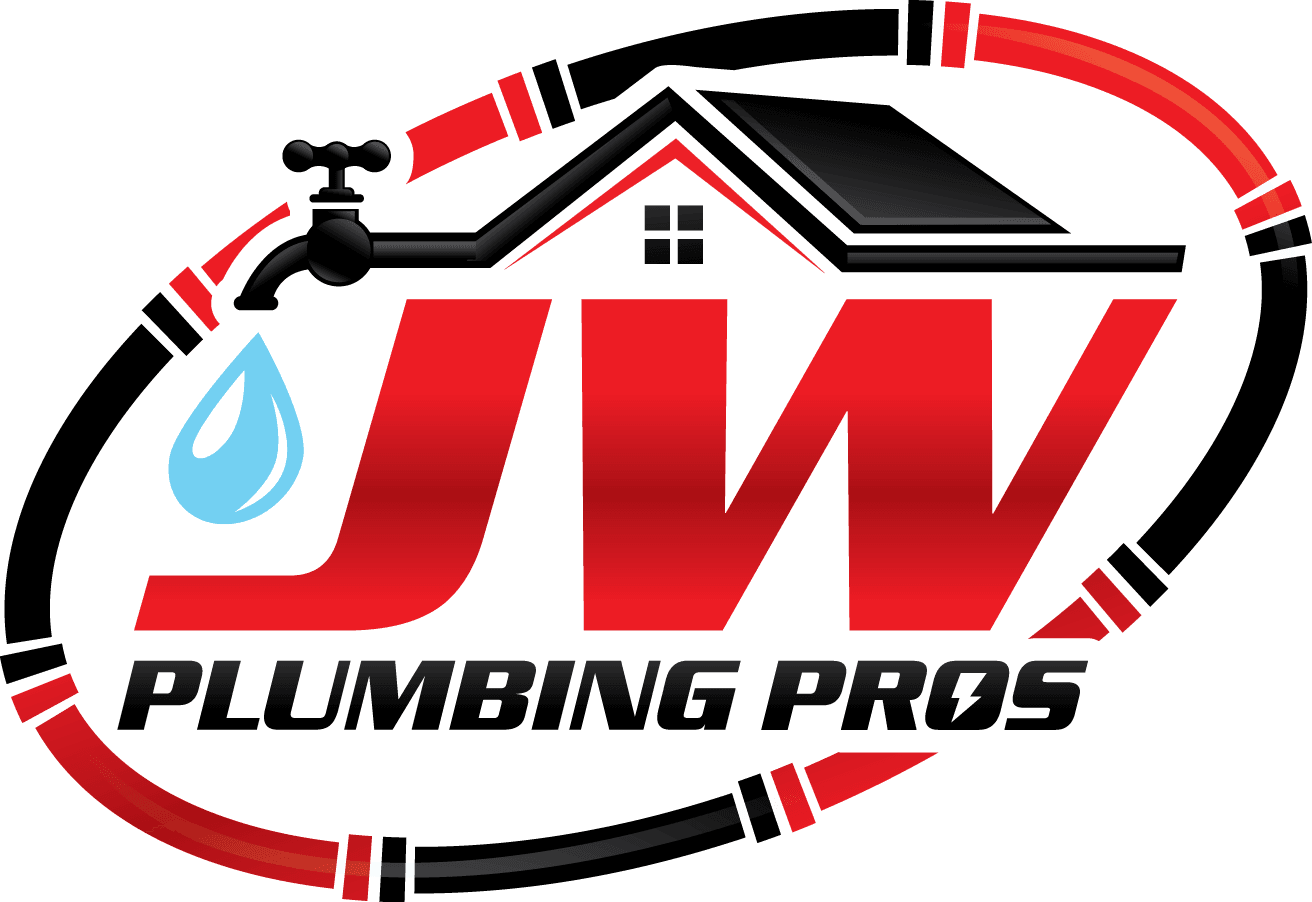 Logo of JW Plumbing Pros with a stylized house, faucet, and water drop above the text, enclosed in a circle formed by red and black pipes.