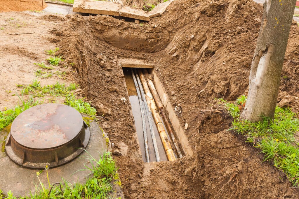 Excavated trench revealing sewer pipes and a manhole cover, illustrating sewer line repair and installation services.