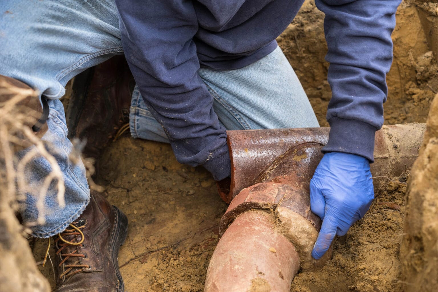 Plumber repairing a sewer line in a trench, wearing blue gloves and working on a damaged pipe, emphasizing expertise in sewer line repair services.