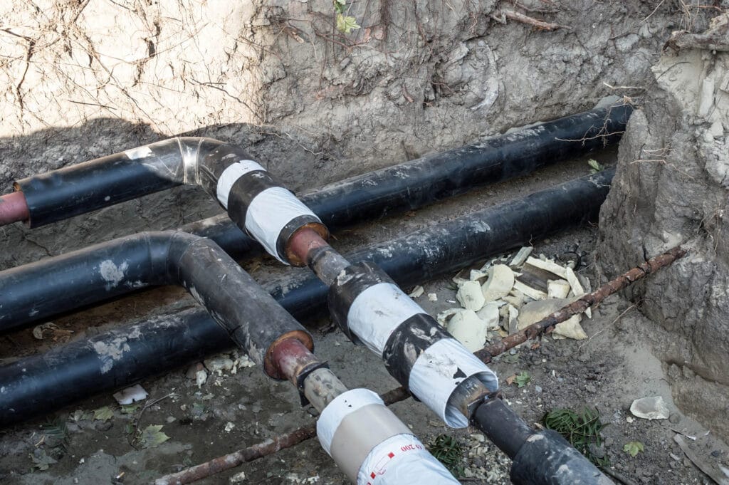 Pipes in a trench showing sewer line repair work, with visible black and white striped sections and surrounding dirt and debris, illustrating plumbing services offered by JW Plumbing Pros in Northwest Georgia.