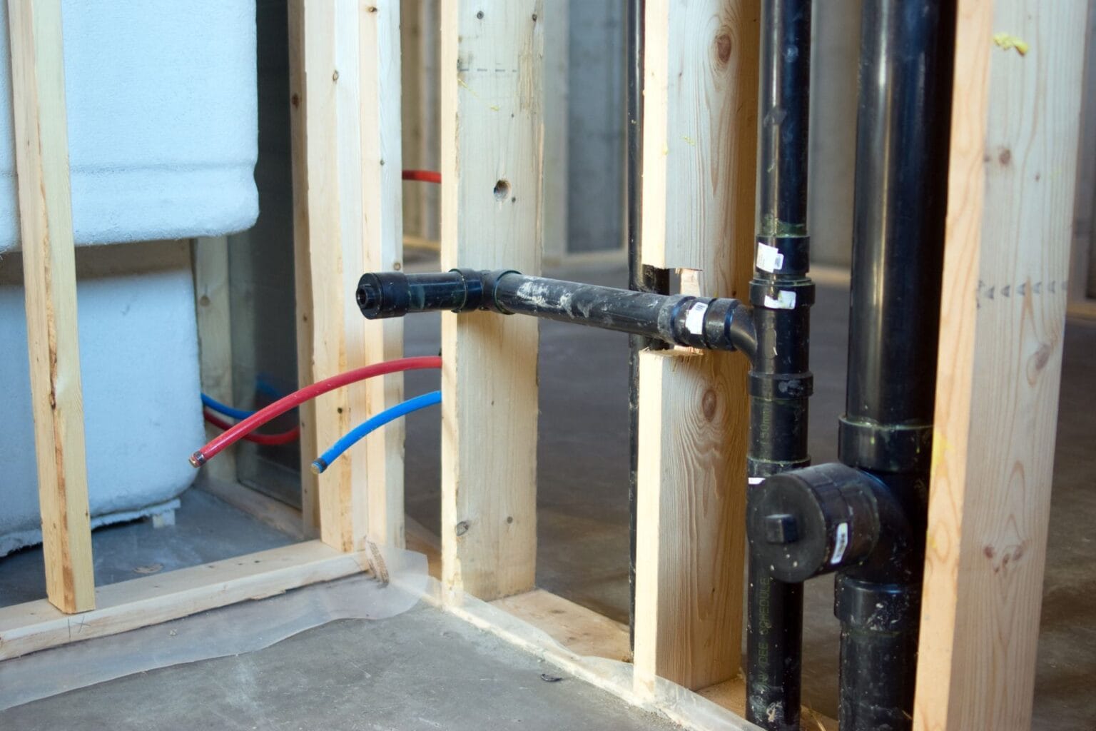 Rough-in plumbing installation with black and colored pipes framed by wooden studs, illustrating plumbing setup for home renovation in Dallas, GA.