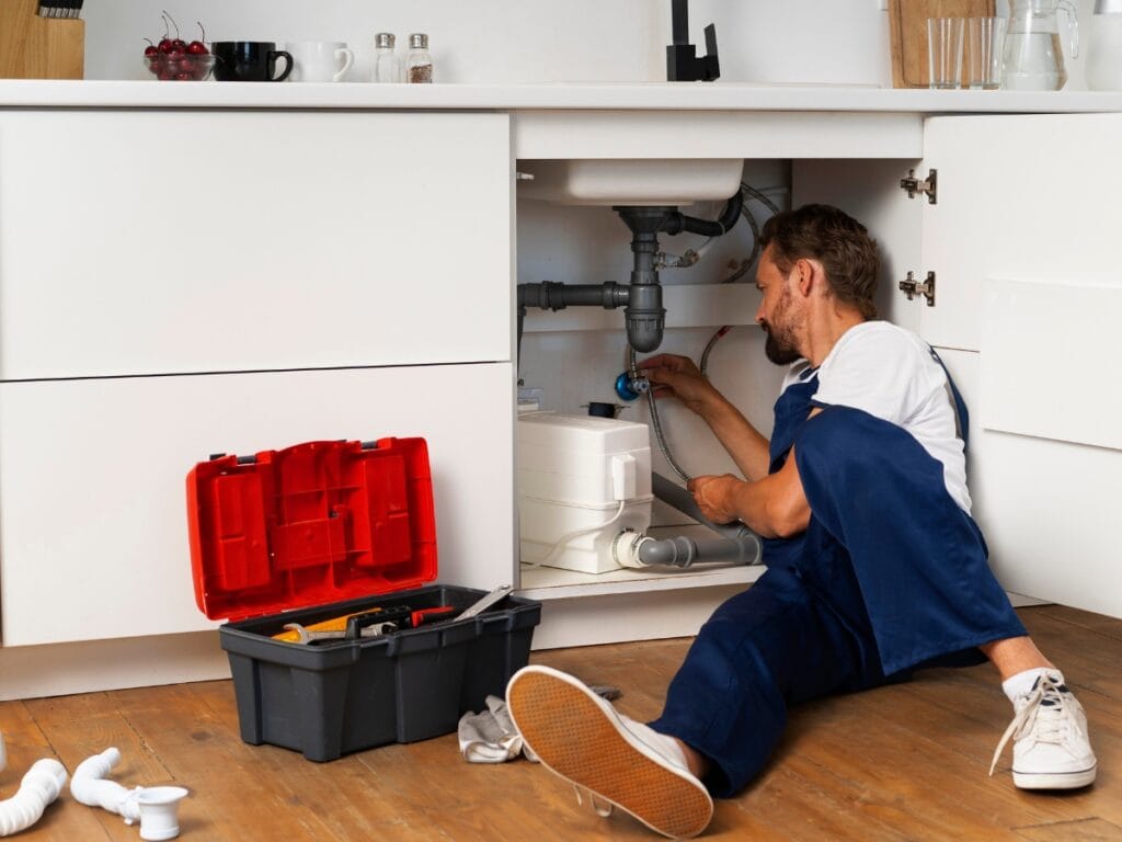 Plumber inspecting under kitchen sink with tools, addressing plumbing issues related to low water pressure.