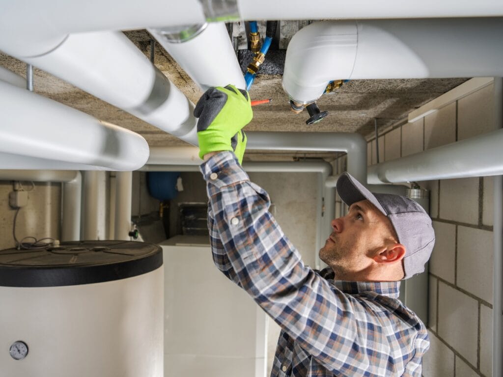 Plumber inspecting water pressure system with pipes and tank in residential setting, emphasizing professional plumbing services for low water pressure issues in Northwest Georgia.