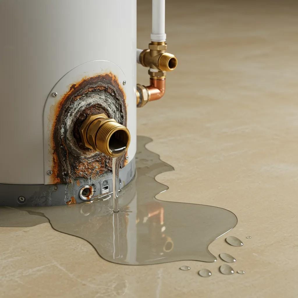 Close-up of a corroded water heater with rust-colored water leaking, highlighting signs of failure and potential need for repair or replacement.