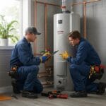 Technicians inspecting a modern water heater, emphasizing repair and replacement expertise in residential plumbing services.