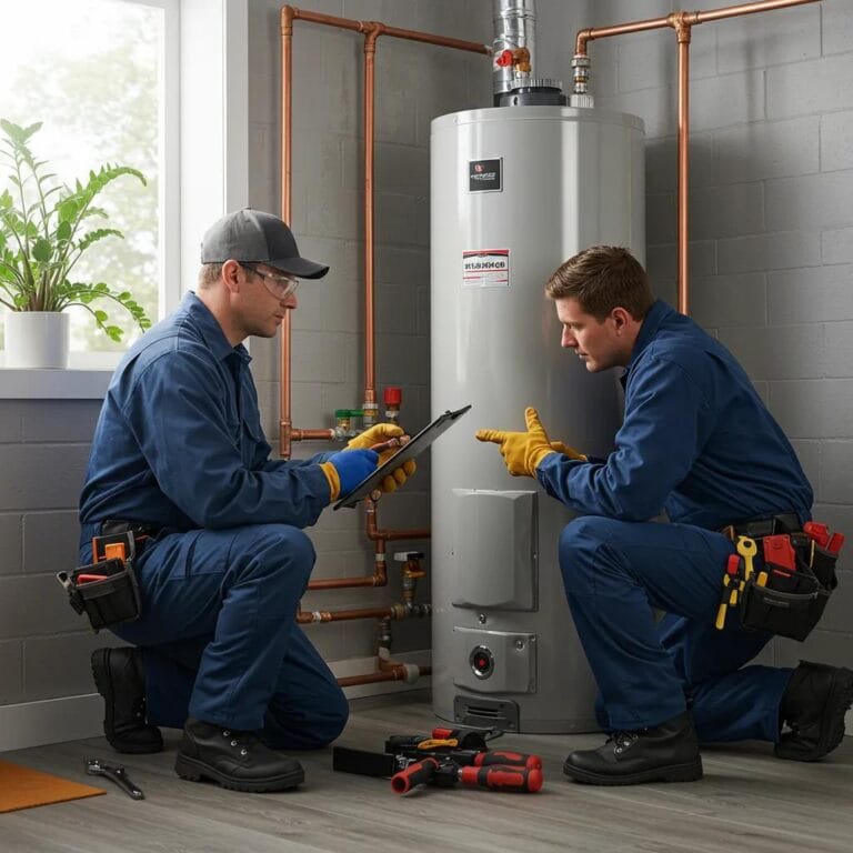 Technicians inspecting a modern water heater during installation, emphasizing plumbing repair and replacement expertise.