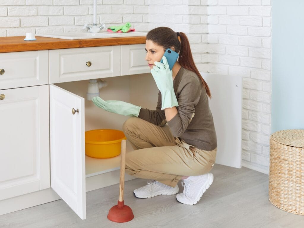 Woman in rubber gloves using a smartphone while crouching near a kitchen sink with a plunger and bucket, addressing recurring drain clogs and seeking professional plumbing assistance.