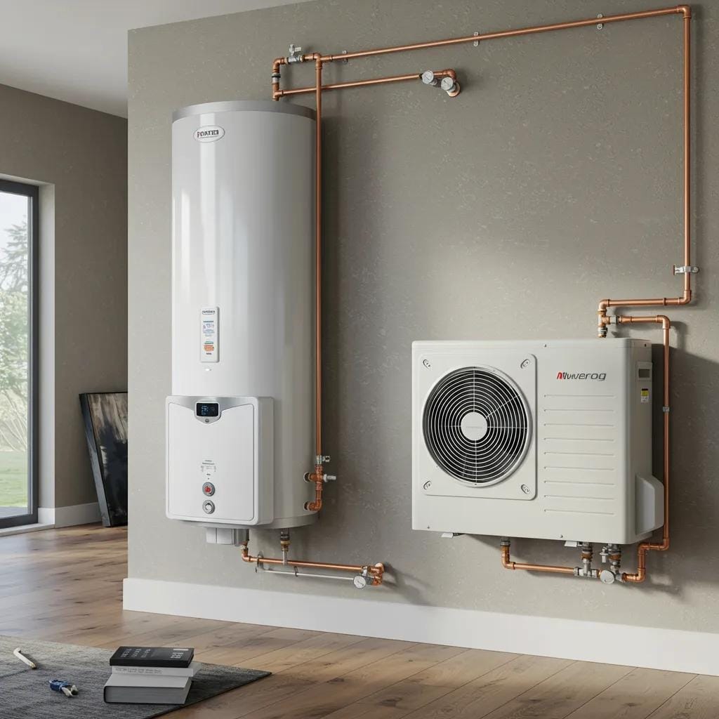 Modern tankless and heat pump water heaters displayed in a stylish home setting, showcasing energy efficiency and advanced technology for optimal hot water solutions.