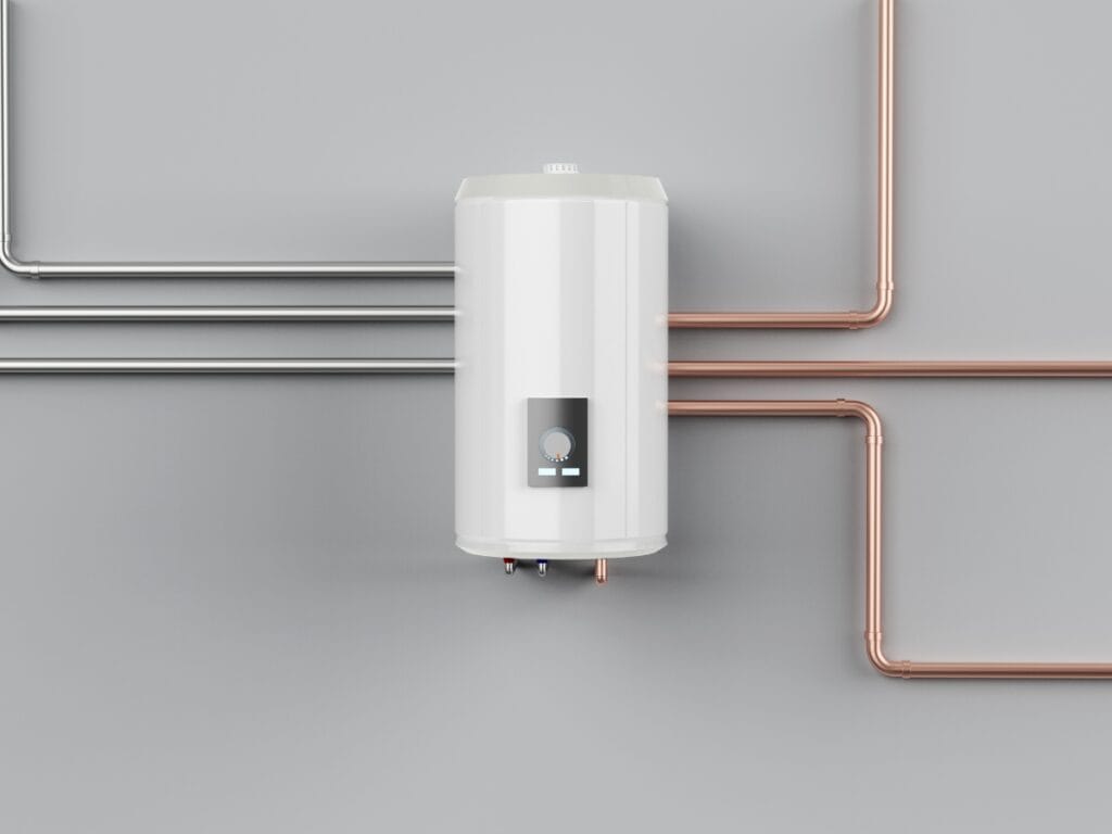 Tankless water heater mounted on a wall with copper and gray piping, illustrating compact design and energy-efficient plumbing solutions for residential spaces.