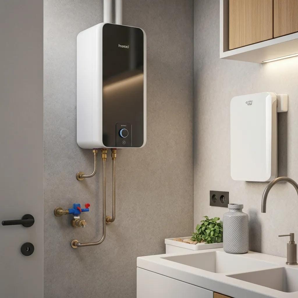 Modern tankless water heater installed in a stylish utility room, showcasing energy efficiency and compact design, with plumbing connections visible.