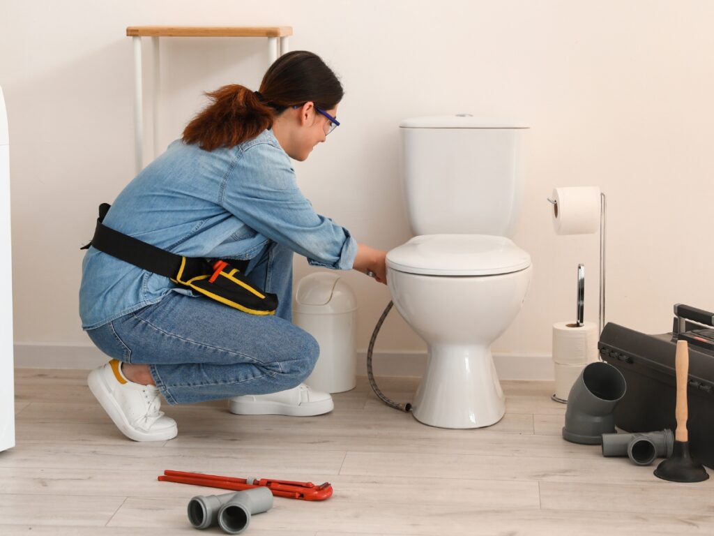 A person wearing a tool belt kneels beside a clogged toilet, appearing to perform maintenance; plumbing tools and pipes are scattered on the floor nearby.