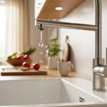 Close-up of a modern kitchen faucet with a visible drip, emphasizing faucet repair and maintenance