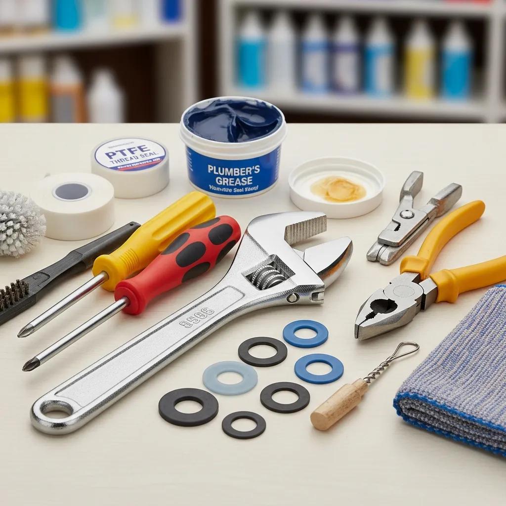 Essential tools and supplies for DIY faucet repair, including a wrench, screwdriver, and replacement parts