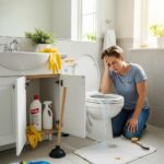 Homeowner frustrated with a clogged toilet, showcasing DIY tools for unclogging