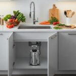 Modern kitchen sink with a new garbage disposal unit underneath, showcasing efficient food waste management alongside fresh vegetables and kitchen utensils.