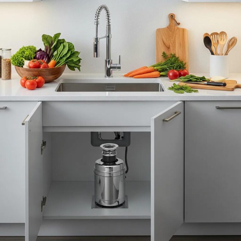 Modern kitchen featuring a new garbage disposal unit under the sink, showcasing efficient food waste management with fresh vegetables and a sleek faucet.