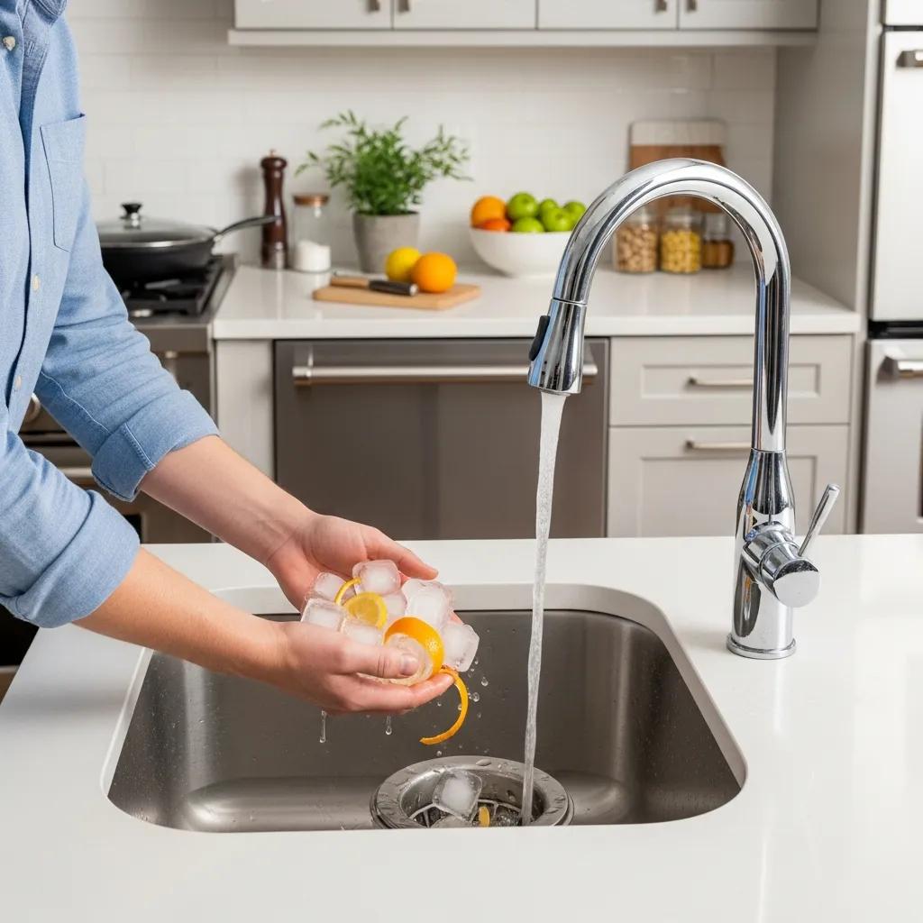 Person cleaning a garbage disposal unit with ice cubes and citrus peels, emphasizing maintenance tips for extending the lifespan of disposals.