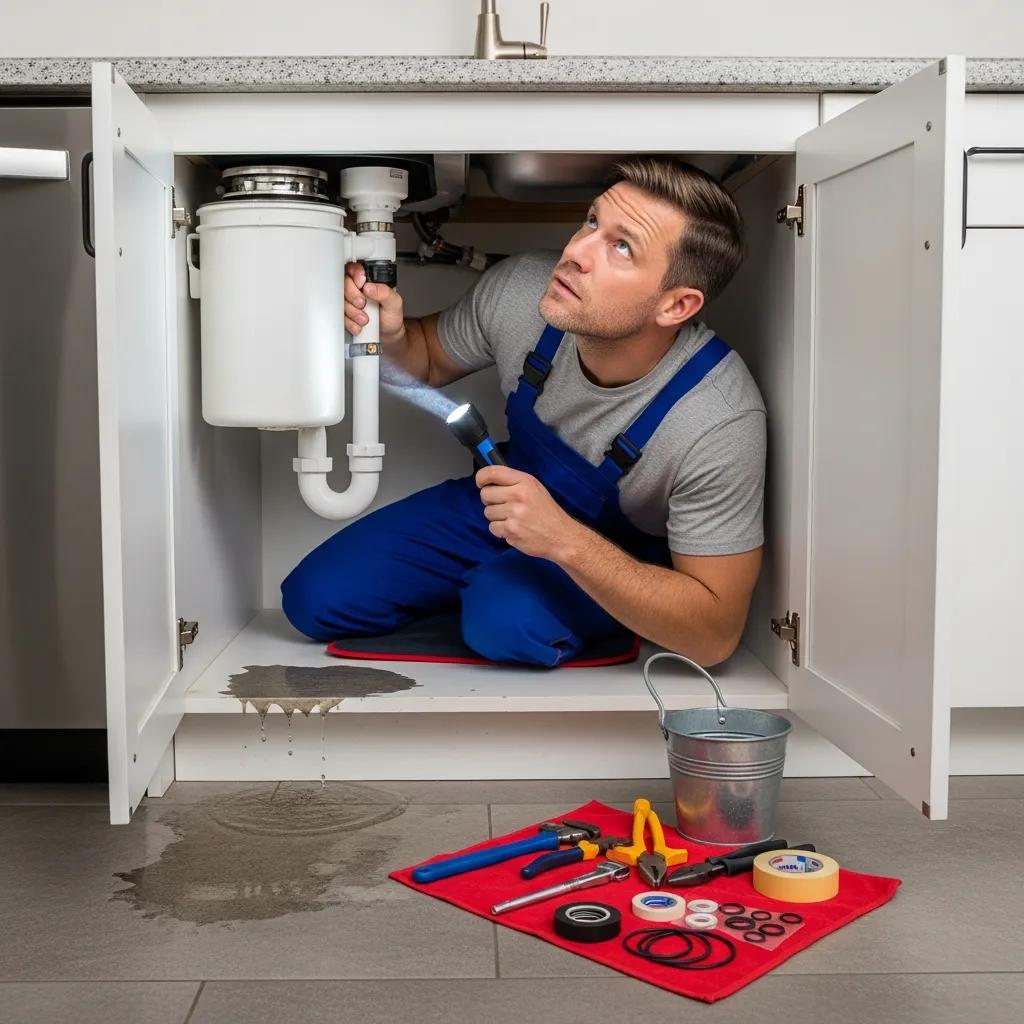 Plumber inspecting a garbage disposal unit for leaks, showcasing professional repair services, with tools and water stains visible in a kitchen setting.