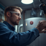 A man wearing safety glasses inspects and adjusts a valve next to a hot water heater in a utility room, likely following a flush guide, under bright overhead lighting.