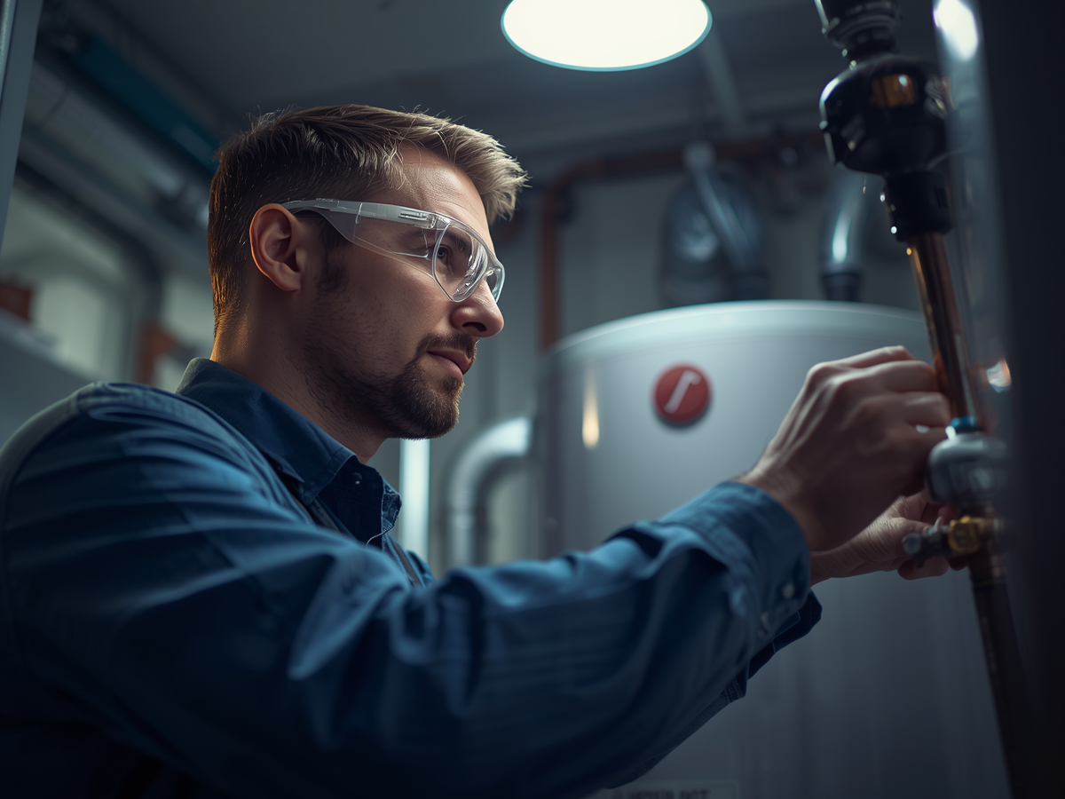 A man wearing safety glasses inspects and adjusts a valve next to a hot water heater in a utility room, likely following a flush guide, under bright overhead lighting.