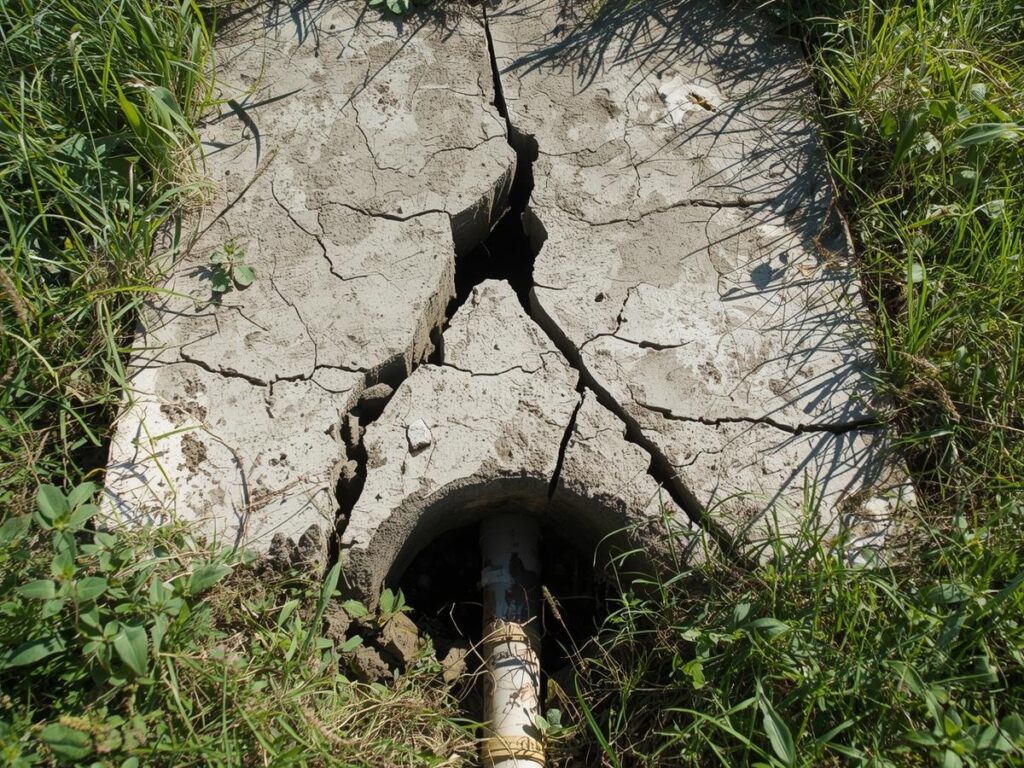 A concrete slab is heavily cracked, revealing a pipe underneath, surrounded by green grass and plants—an issue often covered in a slab leak guide.