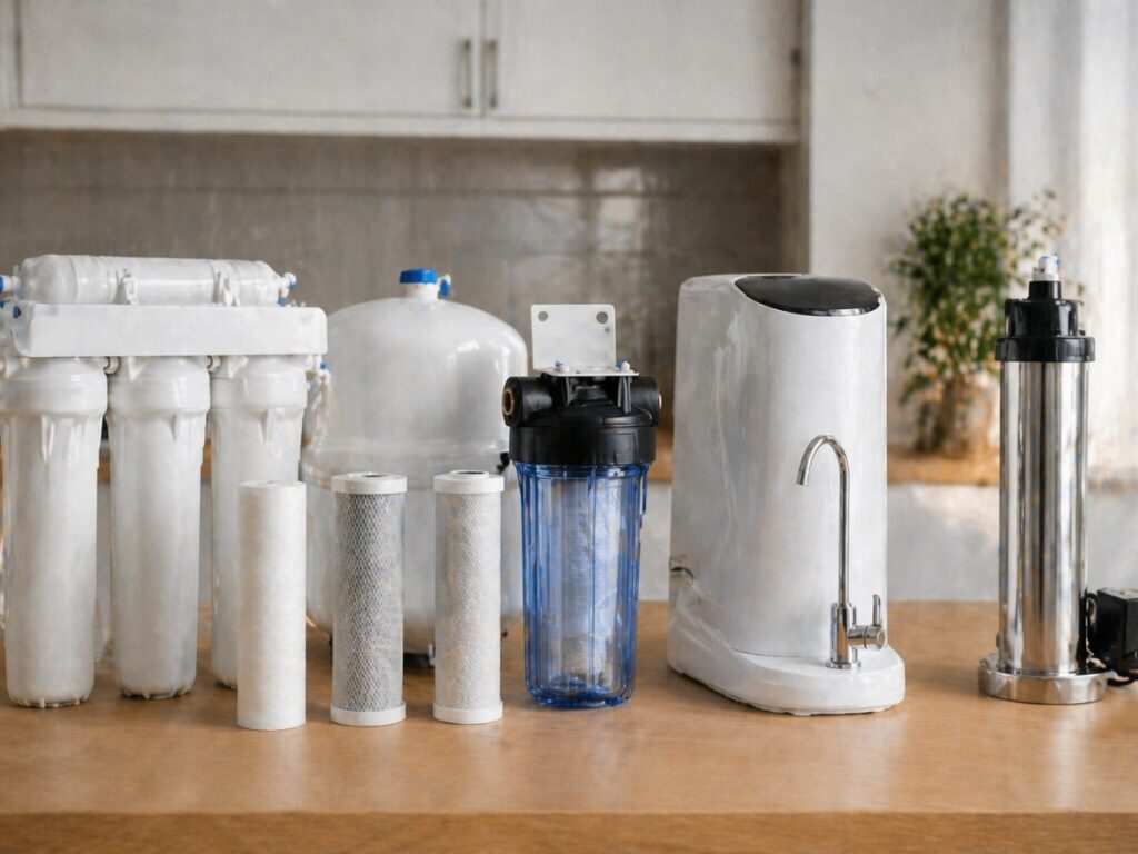 Various water filtration system components, including filters, tanks, and a countertop purifier, are arranged on a wooden surface in a kitchen setting.