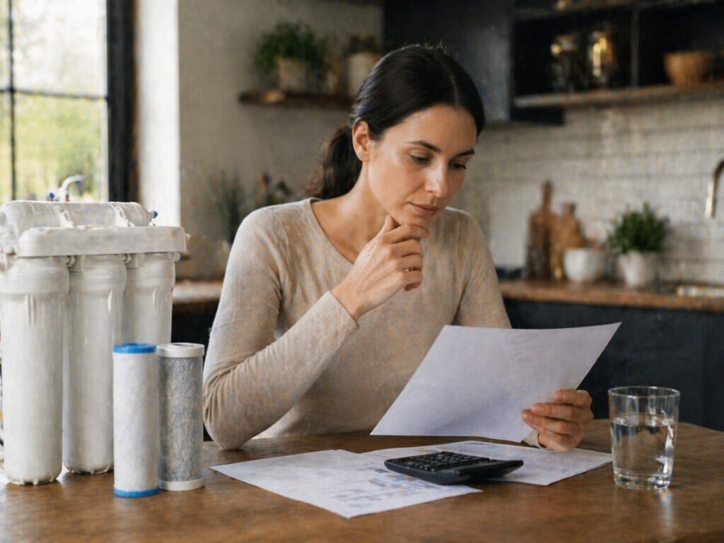 A woman sits at a kitchen table, reading a document with a calculator, water filtration cartridges, and a glass of water nearby.