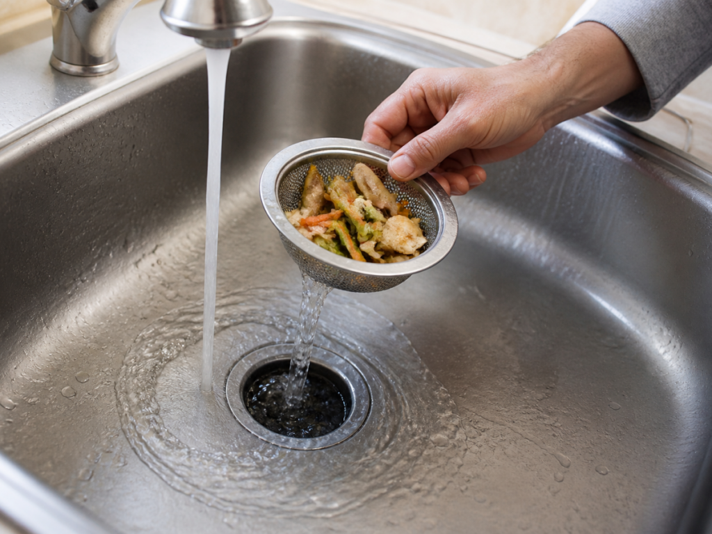 A hand holds a metal strainer with food scraps over a kitchen sink as water runs from the faucet, effectively preventing clogs.