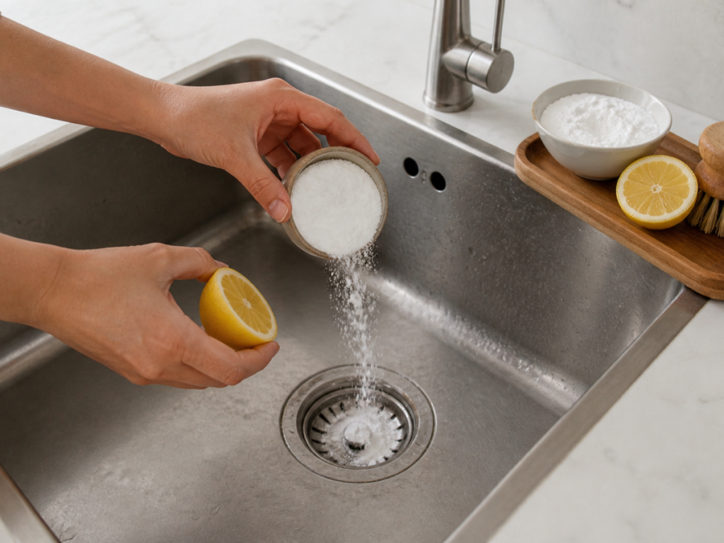 A person sprinkles baking soda into a kitchen sink drain while holding half a lemon, showing a simple method for preventing clogs, with cleaning supplies on the counter nearby.
