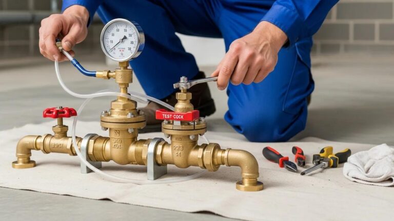 Technician performing maintenance on a backflow prevention device with tools