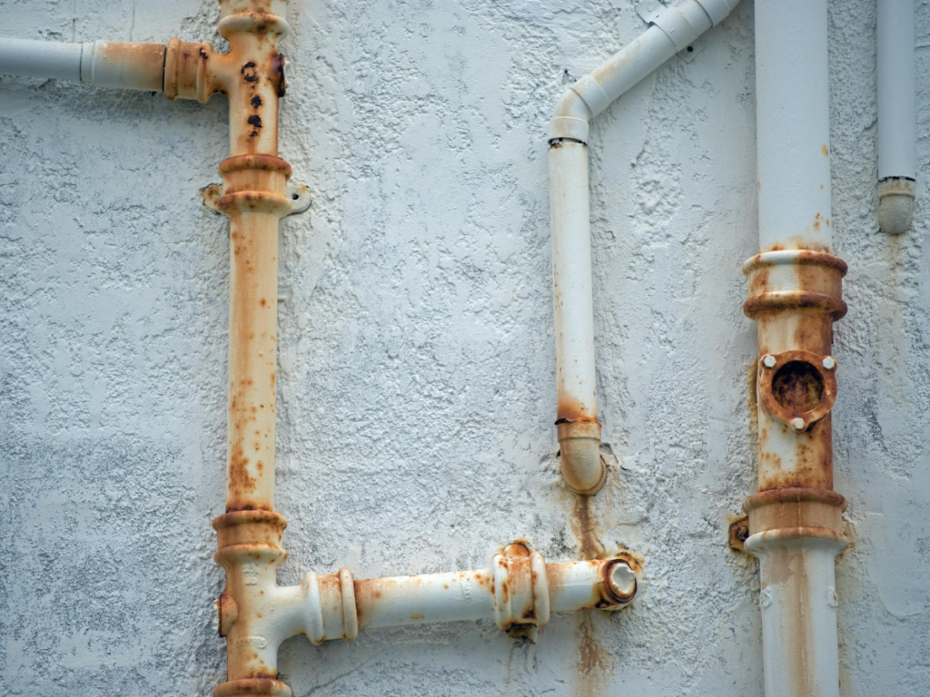White pipes with visible rust in pipes and corrosion run along a textured, light-colored wall, showing signs of wear and aging.