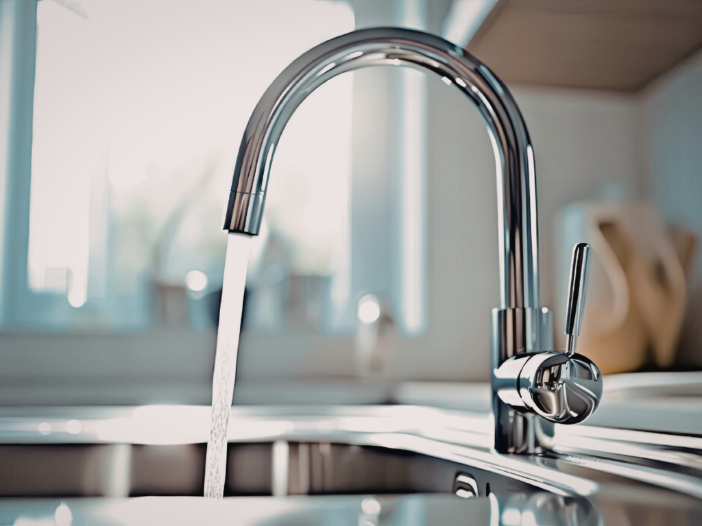 A modern chrome kitchen faucet with water running into a stainless steel sink, sunlight coming through a window in the background&mdash;highlighting the importance of clean fixtures to help prevent rust in pipes.