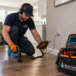 A technician uses electronic leak detection equipment on a wood floor in a modern home, with a toolkit and diagnostic monitor nearby as part of a thorough slab leak repair process.