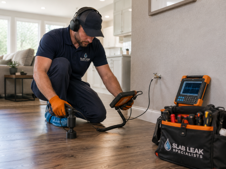 A technician uses electronic leak detection equipment on a wood floor in a modern home, with a toolkit and diagnostic monitor nearby as part of a thorough slab leak repair process.