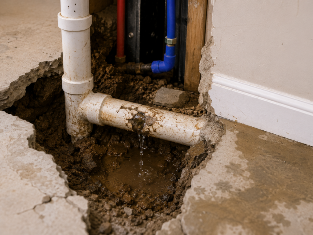 White PVC pipe leaking water under concrete floor, causing wet soil and visible damage to the surrounding area, may indicate the need for professional slab leak repair.