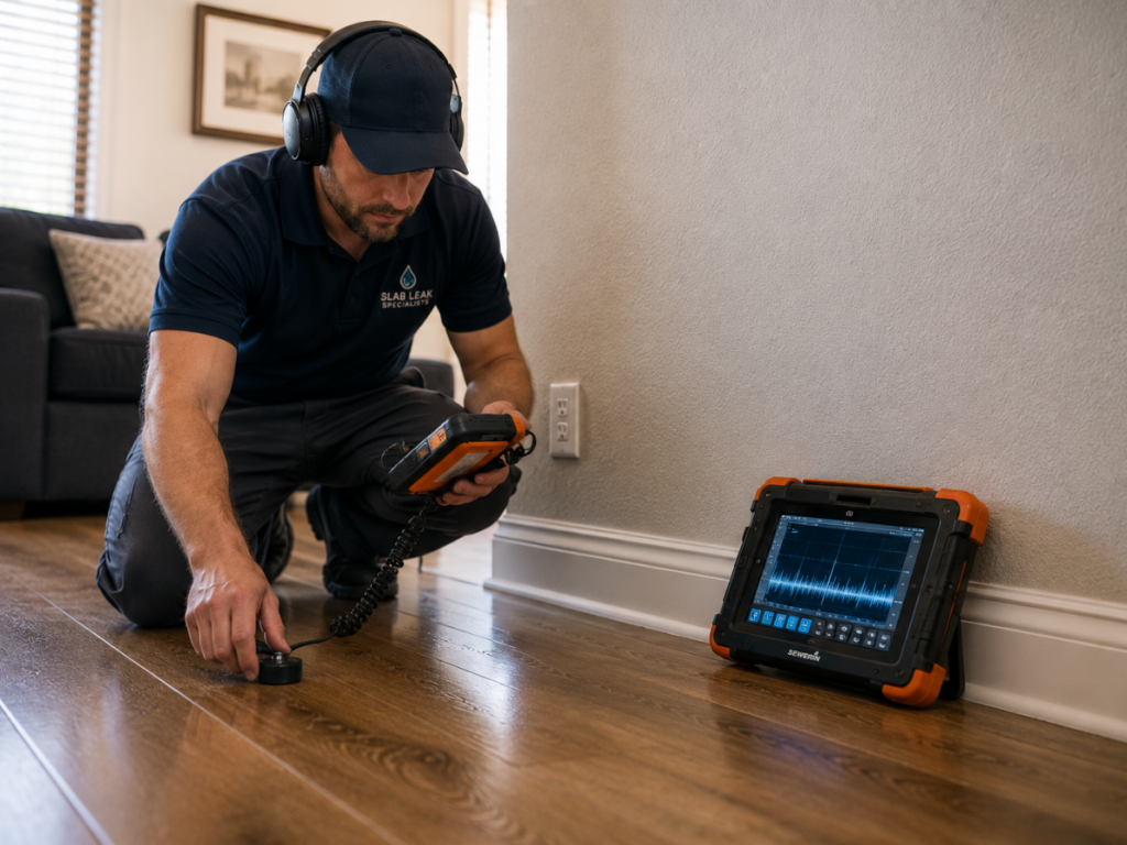 A technician in uniform uses leak detection equipment on a wooden floor, with an electronic device displaying data nearby, as part of a precise slab leak repair.
