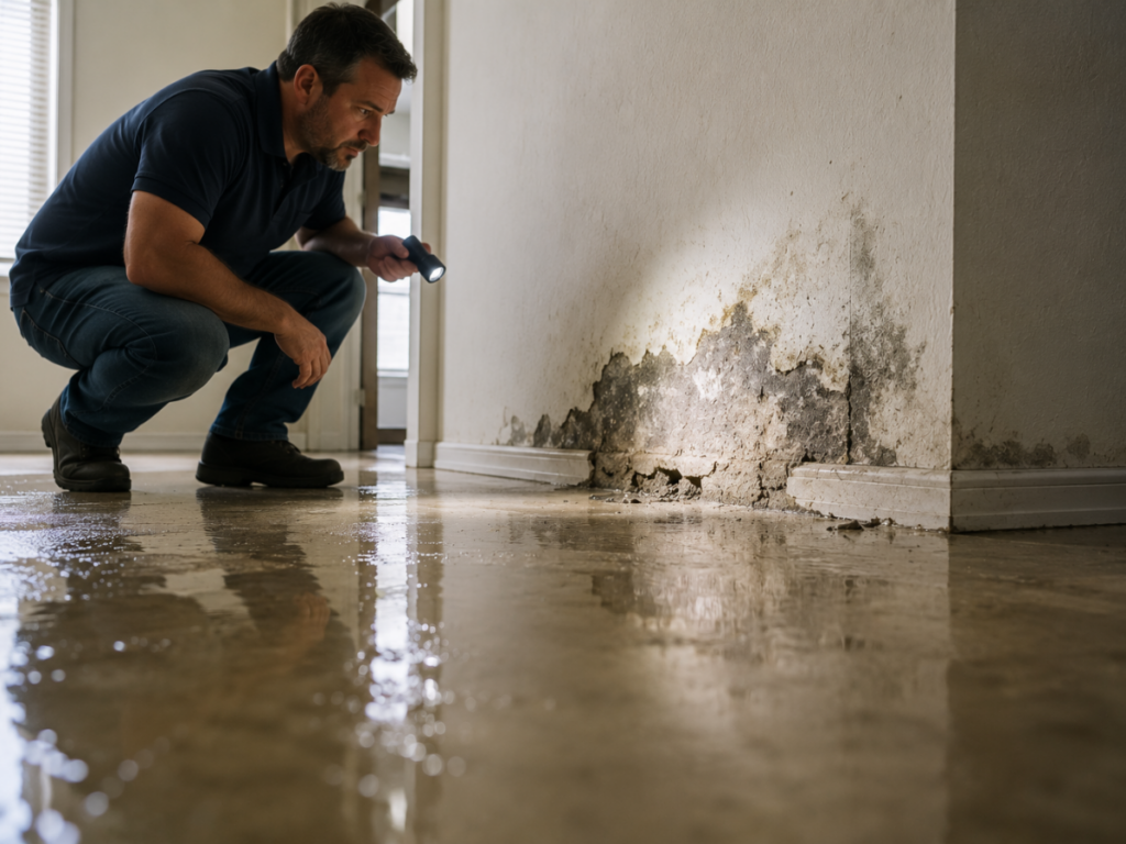 A man with a flashlight examines water damage and mold on a wall above a wet floor in a residential interior, likely assessing the need for slab leak repair.