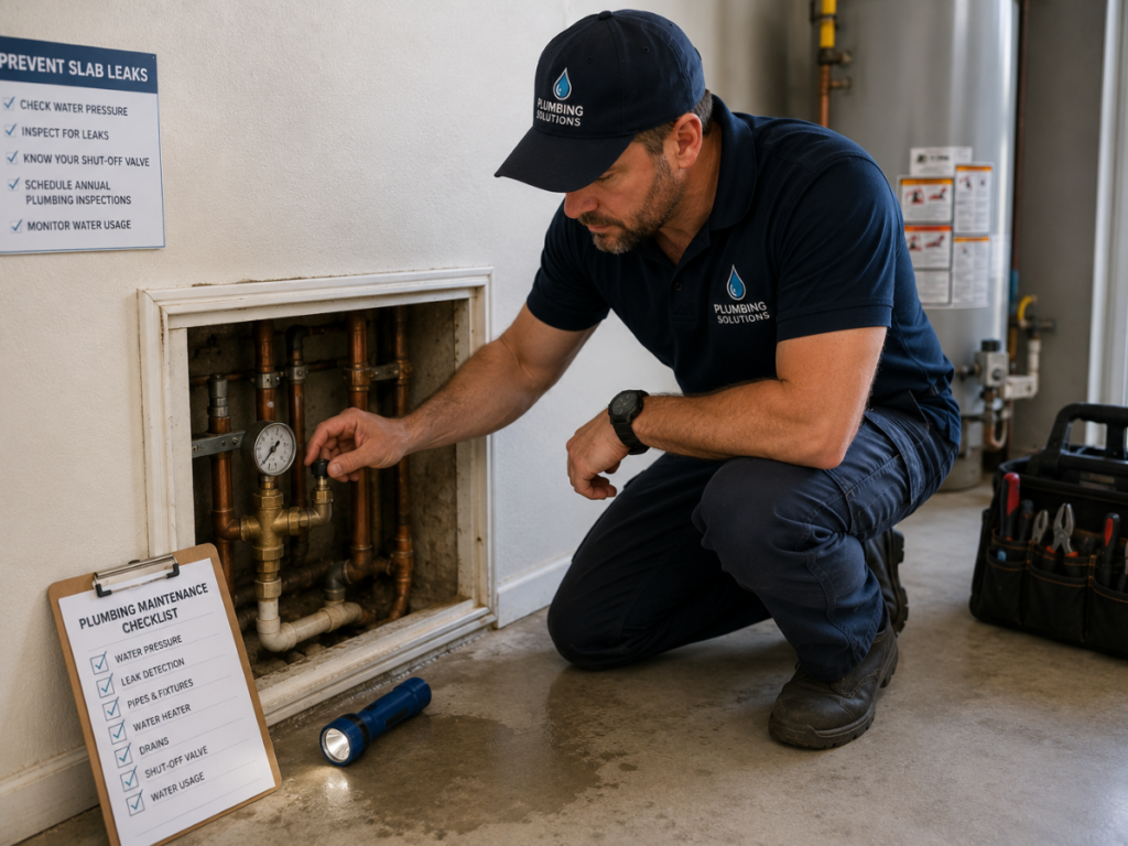 A plumber checks a pressure gauge on exposed pipes in a wall, carefully assessing for any issues that might require slab leak repair. A checklist, flashlight, and tool bag are nearby. The plumber wears a blue uniform with a logo.
