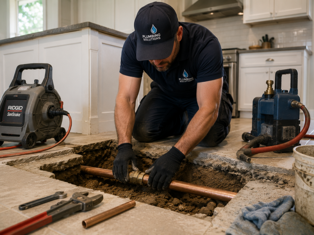 A plumber in uniform performs slab leak repair, working on a copper pipe beneath the kitchen floor, surrounded by plumbing tools and equipment.