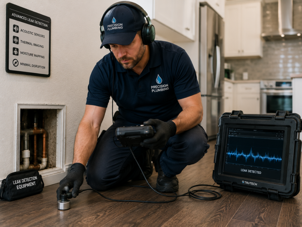 A plumber in uniform uses advanced leak detection equipment on a wooden floor, with a monitor displaying a “Leak Detected” message and charts beside him—illustrating the precision and expertise required for effective slab leak repair.