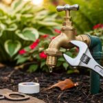 Close-up of a hose bib and outdoor faucet in a garden, highlighting plumbing repair tools