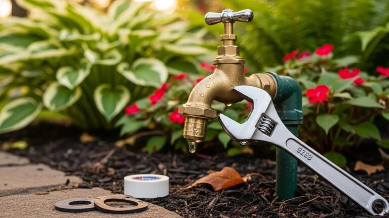 Close-up of a hose bib and outdoor faucet in a garden, highlighting plumbing repair tools