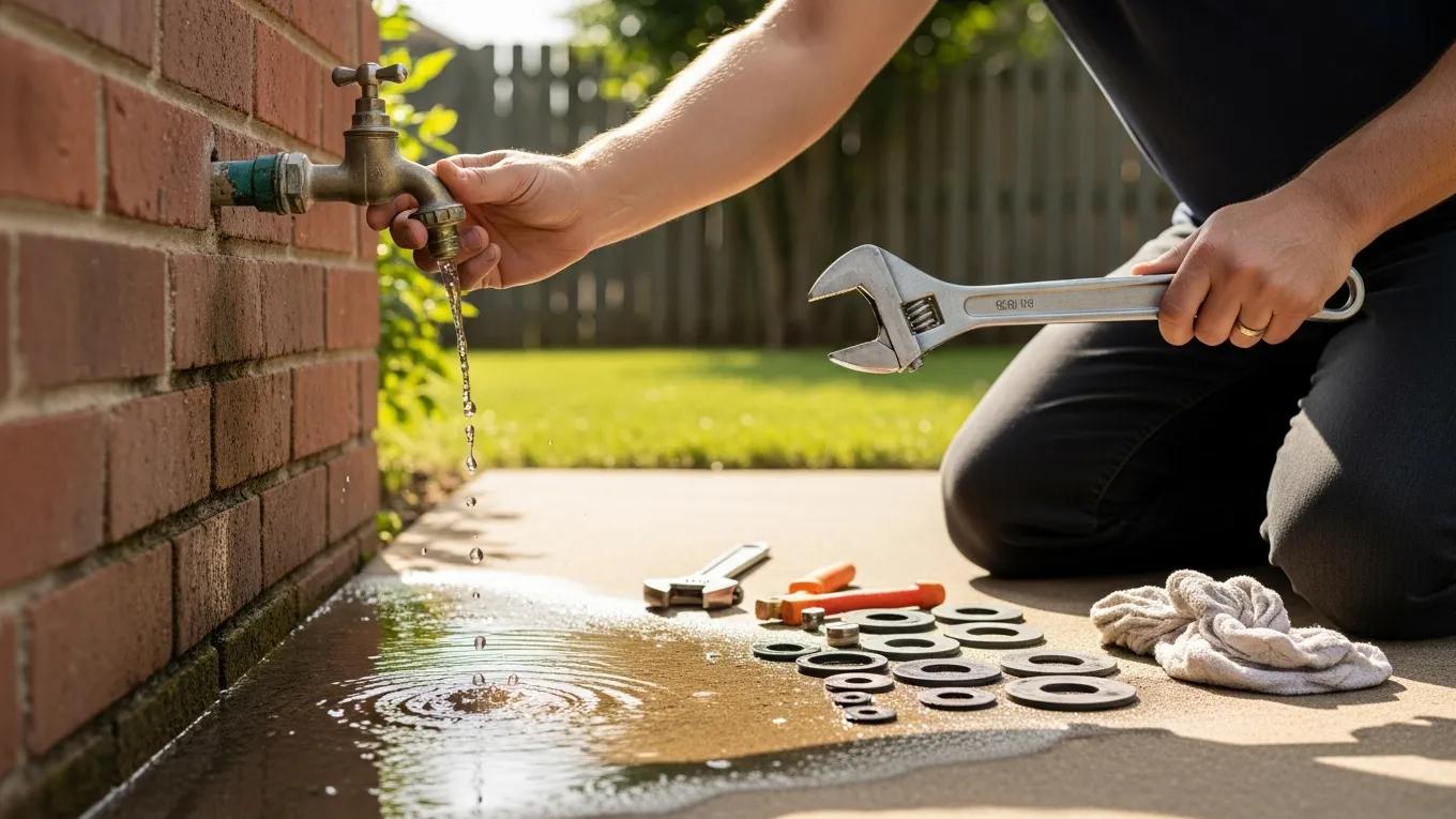 Homeowner inspecting a leaky spigot in a backyard, with tools for repair visible