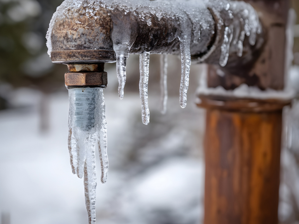 A frozen outdoor pipe with icicles hanging from it, indicating cold winter weather and potential risk of burst pipes&mdash;a situation that may require prompt hose bib repair.