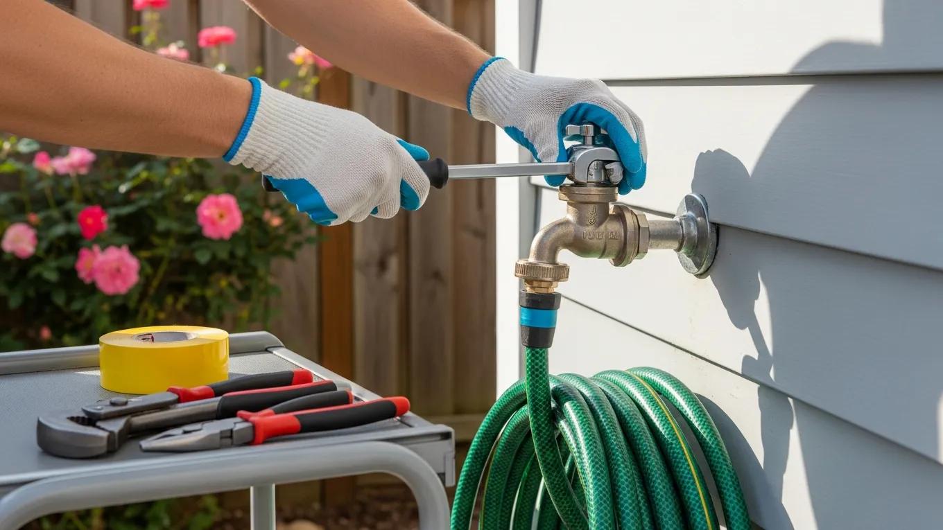 Installation of an anti-siphon valve on an outdoor faucet, with tools and materials visible