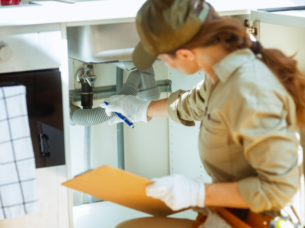 Person wearing gloves inspects and writes notes on pipes under a sink in a kitchen, possibly performing maintenance, an inspection, or emergency plumbing services.