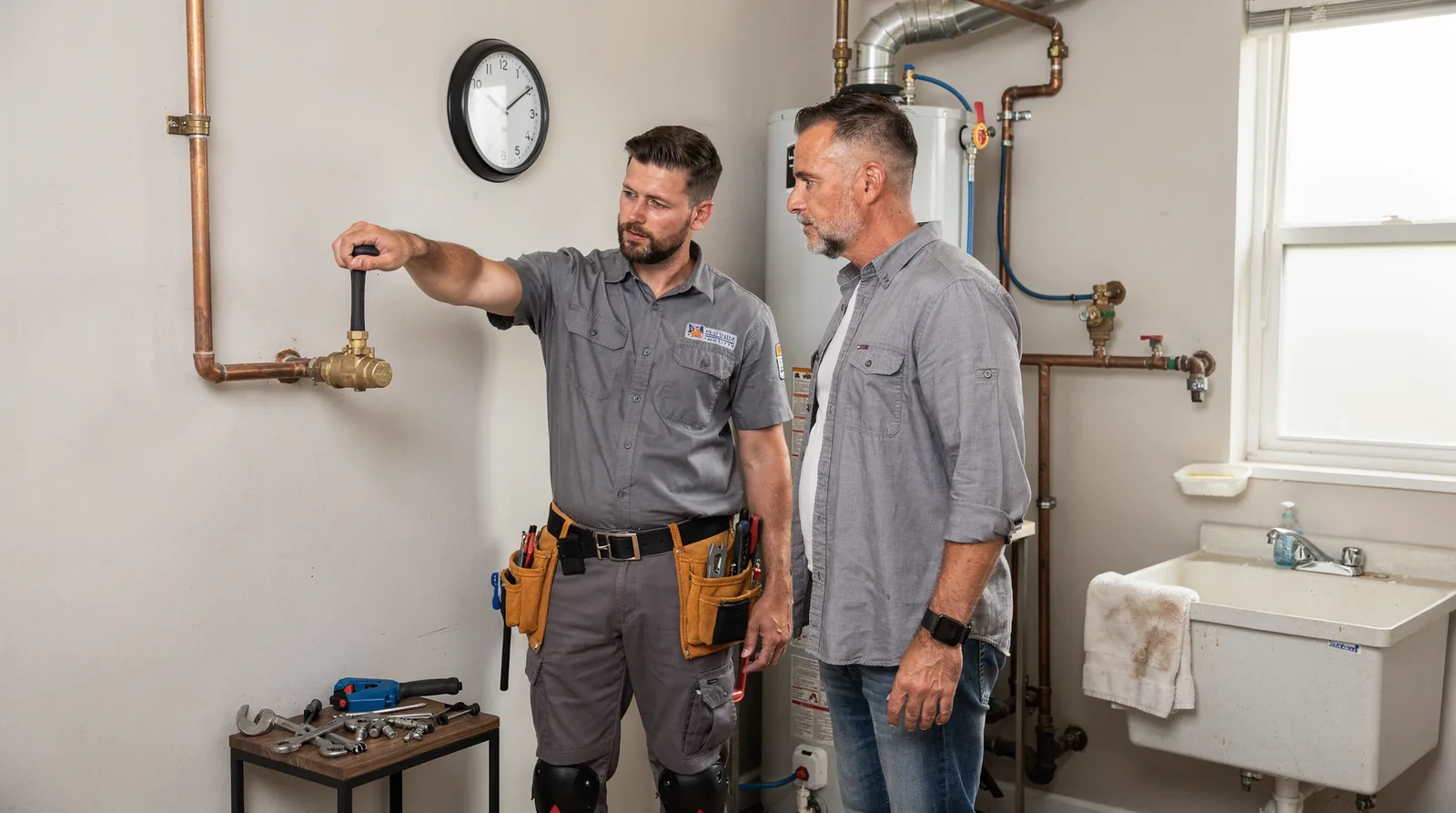 The first action in any plumbing emergency is shutting off the water valve immediately because
